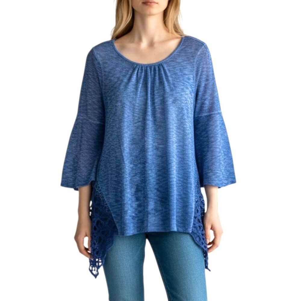 CUPIO Women's Tunic Blouse Top Sheer 3/4 Bell Sleeve High-Low Lace Hem Sz M Blue